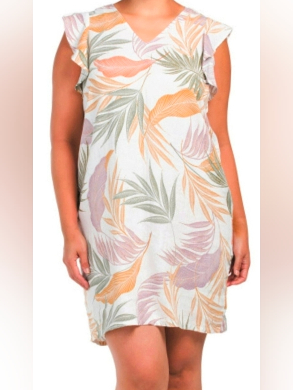 Tahari Floral Sundress Womens Size L Oatmeal 100% Linen Lagenlook Vacation BoHo